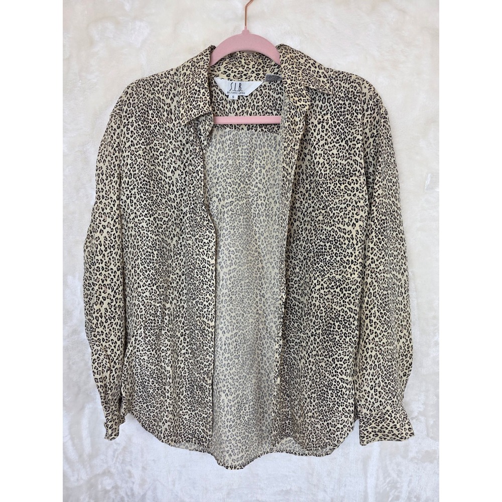 SLB Sunny Leigh Silk Leopard Print Button Down Shirt Tan Brown Animal‎ Print